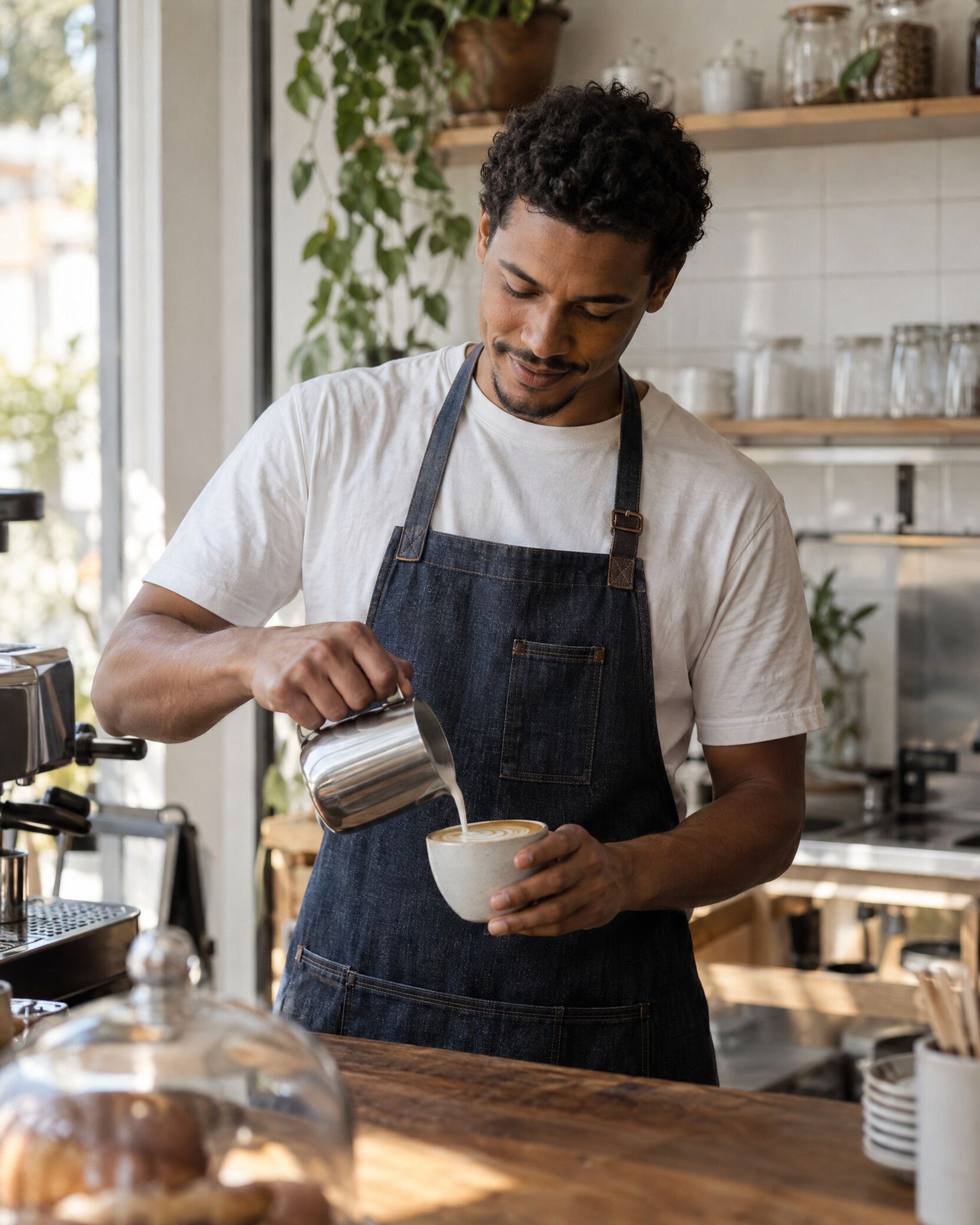 Jovem empreendedor preparando um pedido no balcão do seu pequeno café
